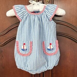 CLAIRE & CHARLIE Nautical Blue Striped Baby Romper Size 6M